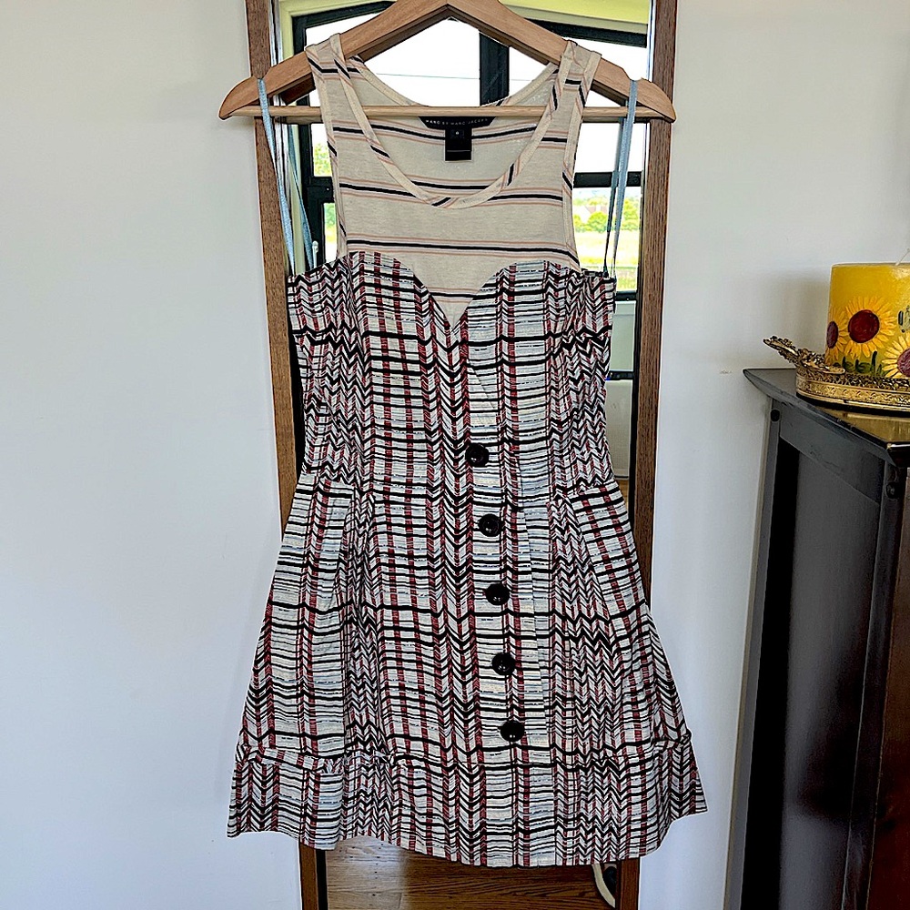Marc By Marc Jacobs Striped Tank Dress with Sweetheart Bodice and Zig Zag Print